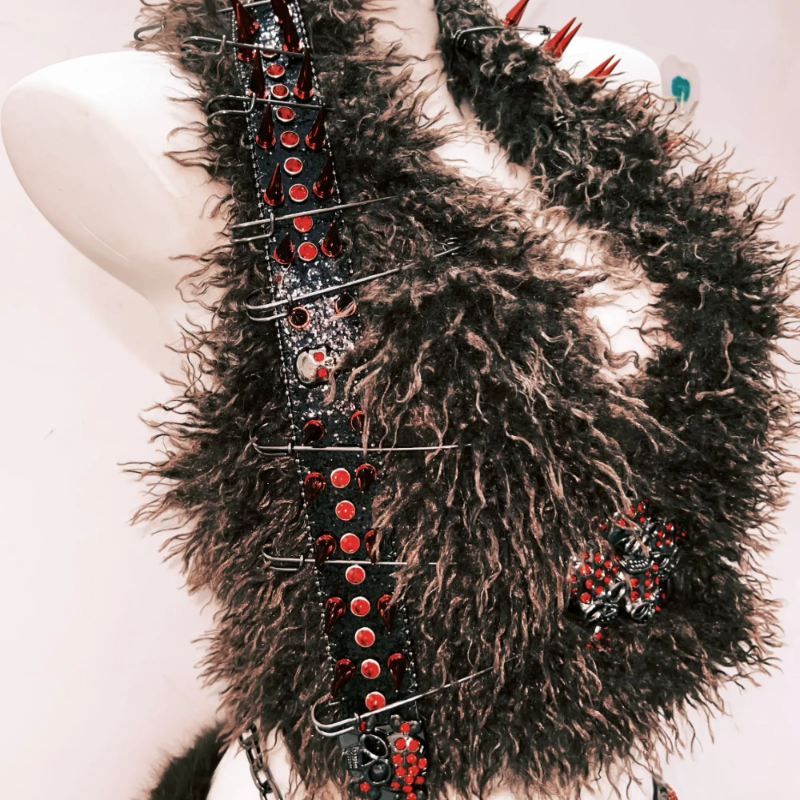 Rebellious Spiked Faux Fur Two-Piece Set: Goth Skull Crop Top & Mini Skirt for Halloween & Raves