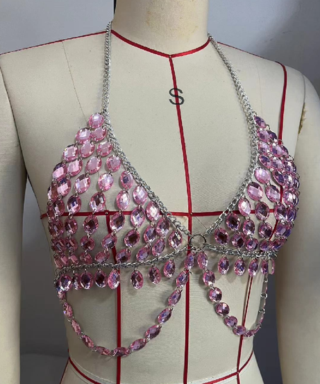 Dazzling Pink Rhinestone Chain Halter Top - The Ultimate Festival & Holiday Glam Statement