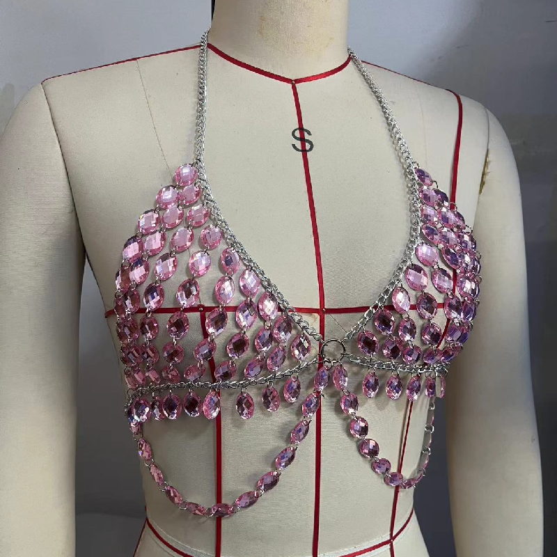 Dazzling Pink Rhinestone Chain Halter Top - The Ultimate Festival & Holiday Glam Statement