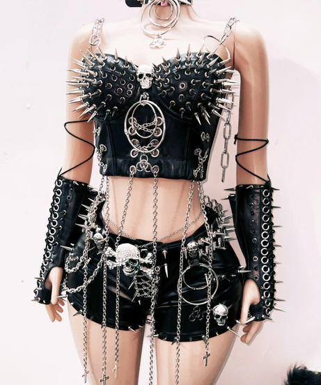Unleash Your Inner Rebel: Spiked & Chained Gothcore Faux Leather Set - Halloween & Concert Ready