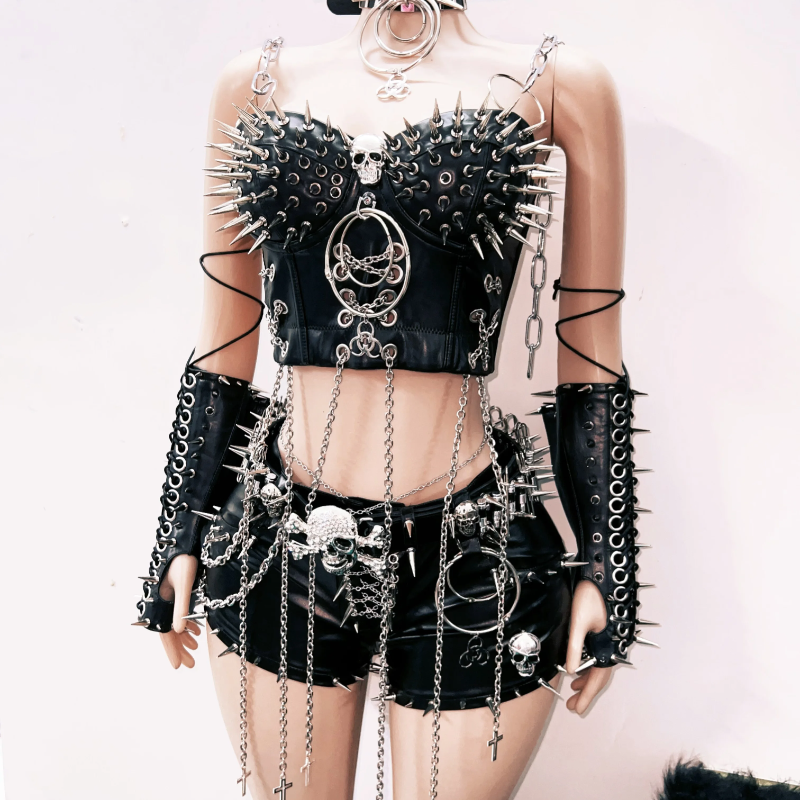 Unleash Your Inner Rebel: Spiked & Chained Gothcore Faux Leather Set - Halloween & Concert Ready