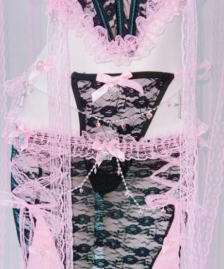 Sultry Pink & Black Lace Lingerie Set | Playful Bowknot Cami Skirt & Sheer Cape | Halloween & Fall Romance
