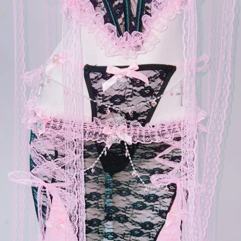 Sultry Pink & Black Lace Lingerie Set | Playful Bowknot Cami Skirt & Sheer Cape | Halloween & Fall Romance