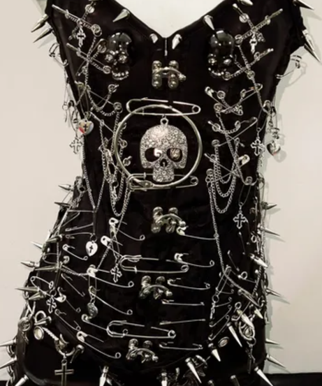 Edgy Skull & Spikes V-Neck Mini Dress | Gothic Chain Embellished for Halloween & Fall