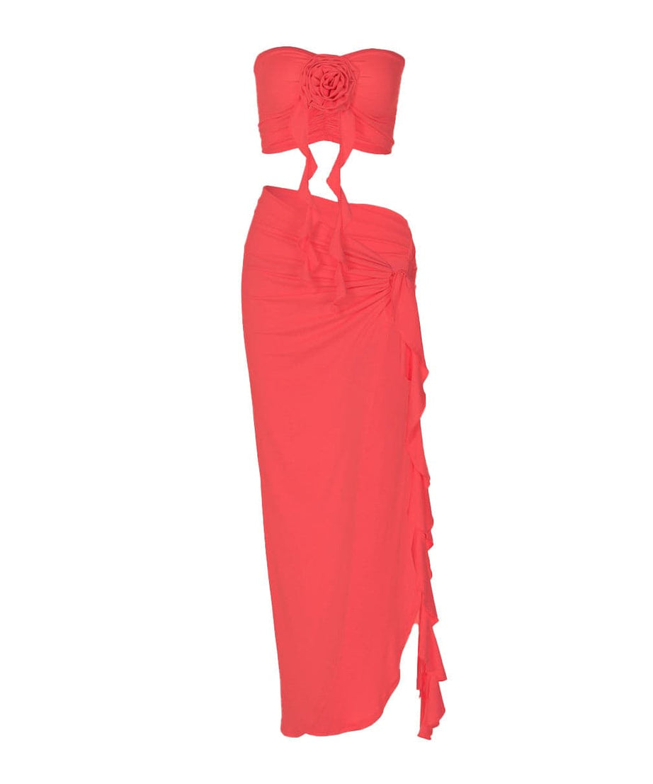 Effortless Glamour: Red Rose Ruffle High-Slit Maxi Skirt & Tube Top Set - Your Winter Sun Vacation Essential
