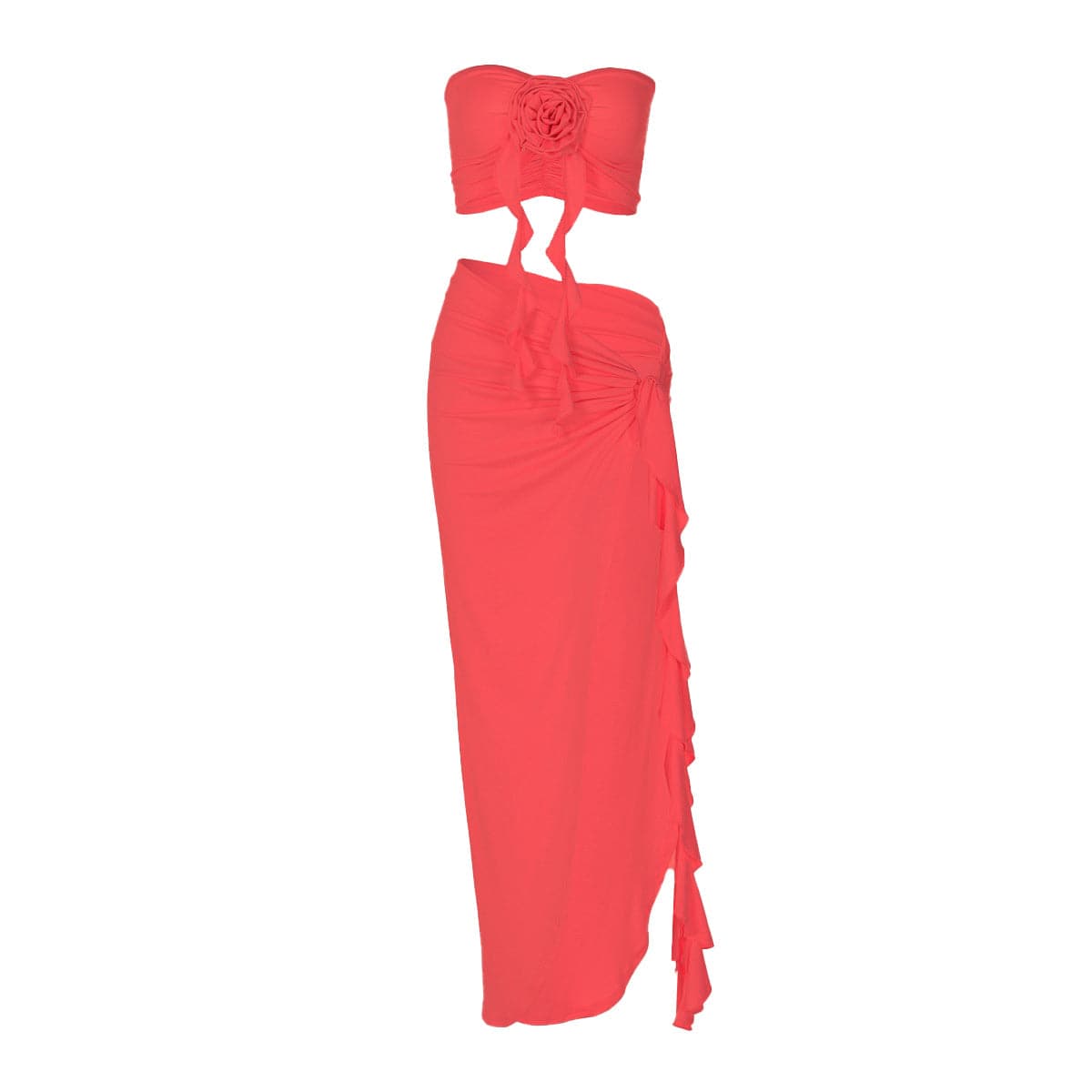 Effortless Glamour: Red Rose Ruffle High-Slit Maxi Skirt & Tube Top Set - Your Winter Sun Vacation Essential