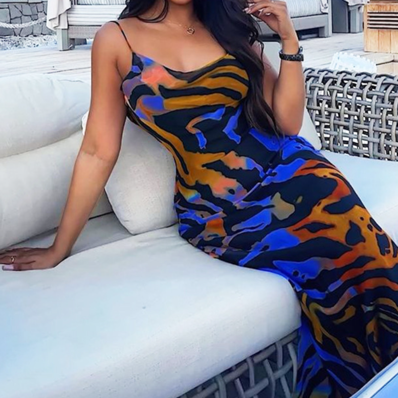 Vibrant 'Autumn Bloom' Abstract Cowl Neck Maxi Dress - Resort & Evening Chic