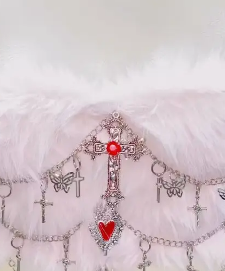 Gothic Glam Fluffy Tube Top | Edgy Cross & Heart Chain Bustier for Halloween & Fall Nights