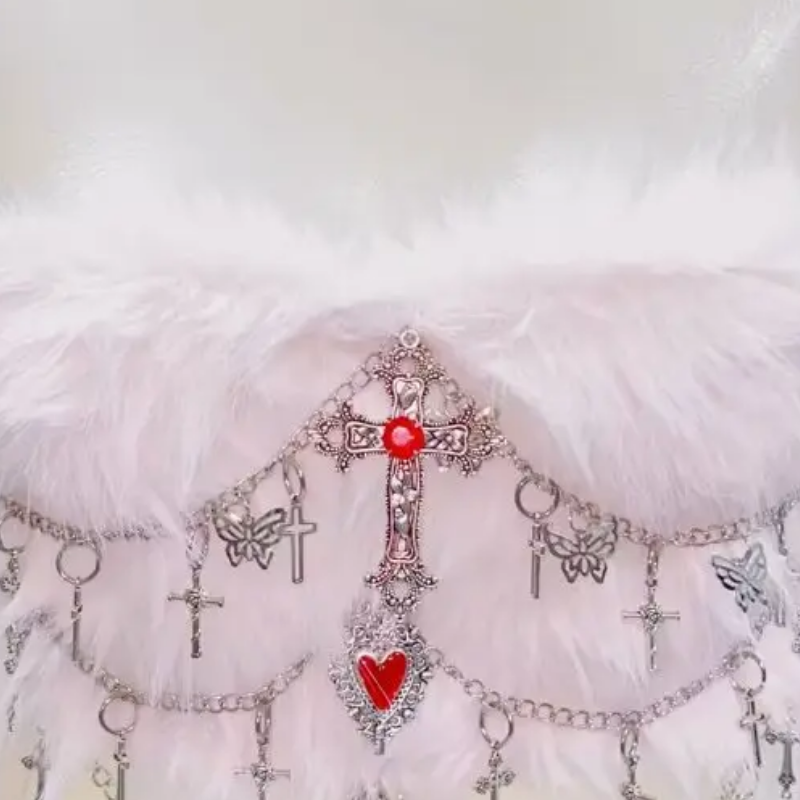 Gothic Glam Fluffy Tube Top | Edgy Cross & Heart Chain Bustier for Halloween & Fall Nights