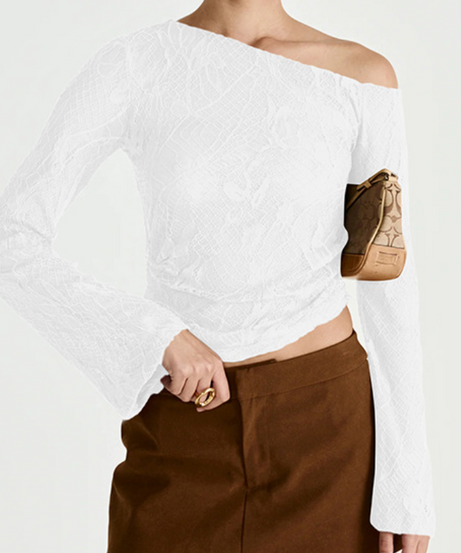 Mystic Noir Sheer Lace One-Shoulder Top - Edgy Long Sleeve for Fall & Party Nights