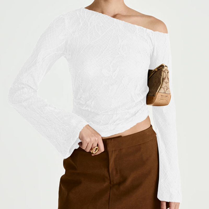 Mystic Noir Sheer Lace One-Shoulder Top - Edgy Long Sleeve for Fall & Party Nights