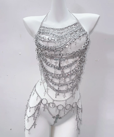 Edgy Silver Chain Halter Top | Gothic Cross Body Chain | Rave & Halloween Statement