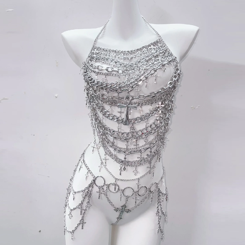 Edgy Silver Chain Halter Top | Gothic Cross Body Chain | Rave & Halloween Statement