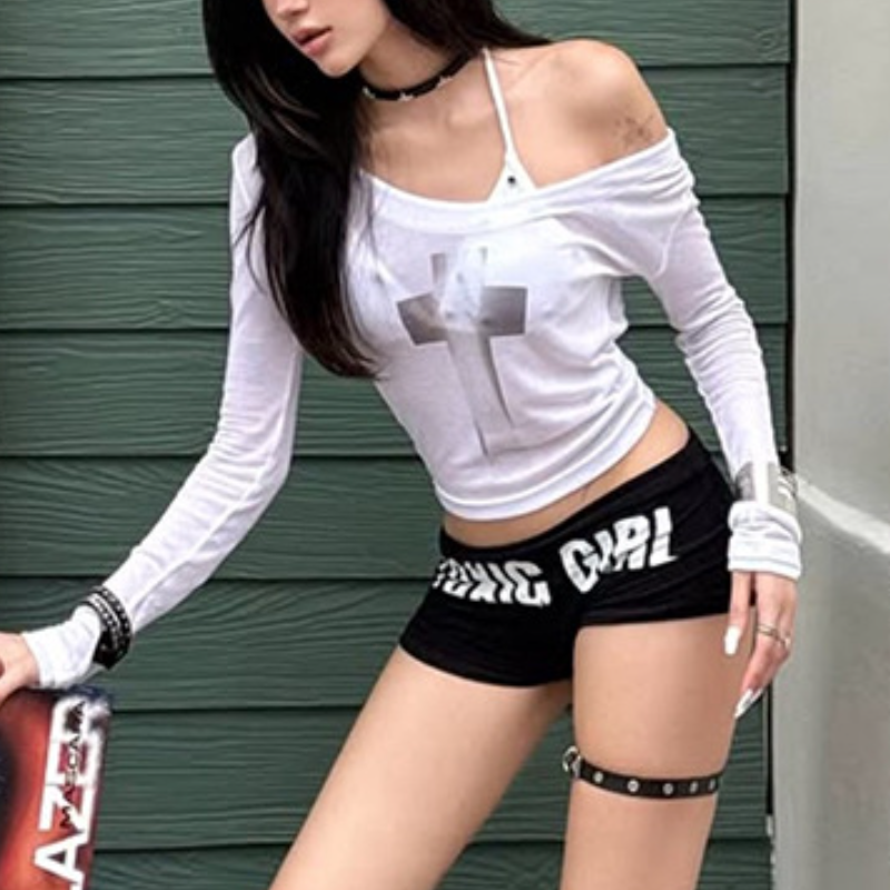 Spooky Chic Y2K Off-Shoulder Sheer Cross Crop Top - Long Sleeve Grunge Streetwear Essential