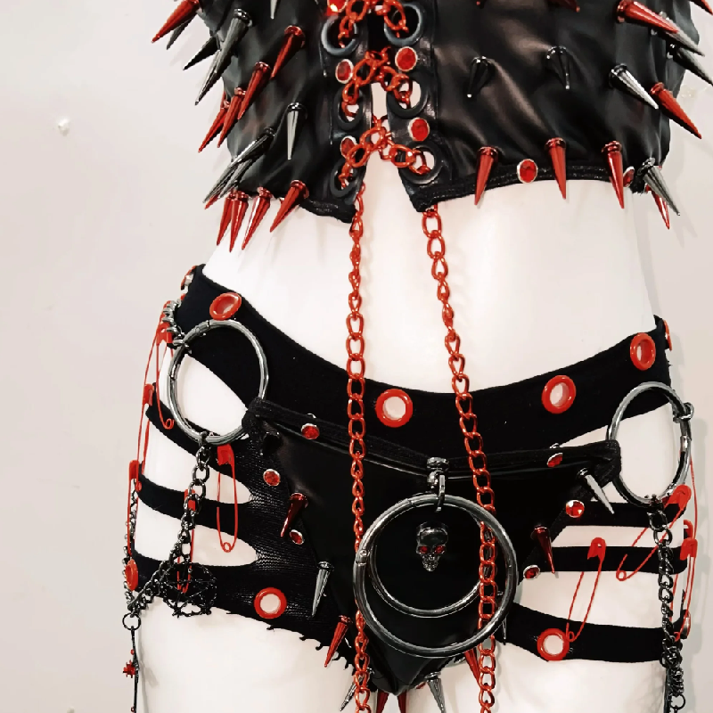 Fierce Spiked & Chained Goth Punk Halloween Set - Strapless Top, Shorts & Choker