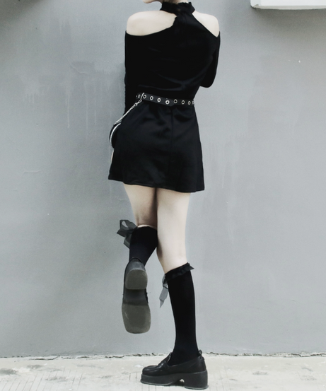 Spooky Chic Cold Shoulder Cross Mini Dress - Perfect for Halloween & Fall Goth Style