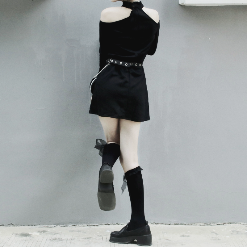 Spooky Chic Cold Shoulder Cross Mini Dress - Perfect for Halloween & Fall Goth Style