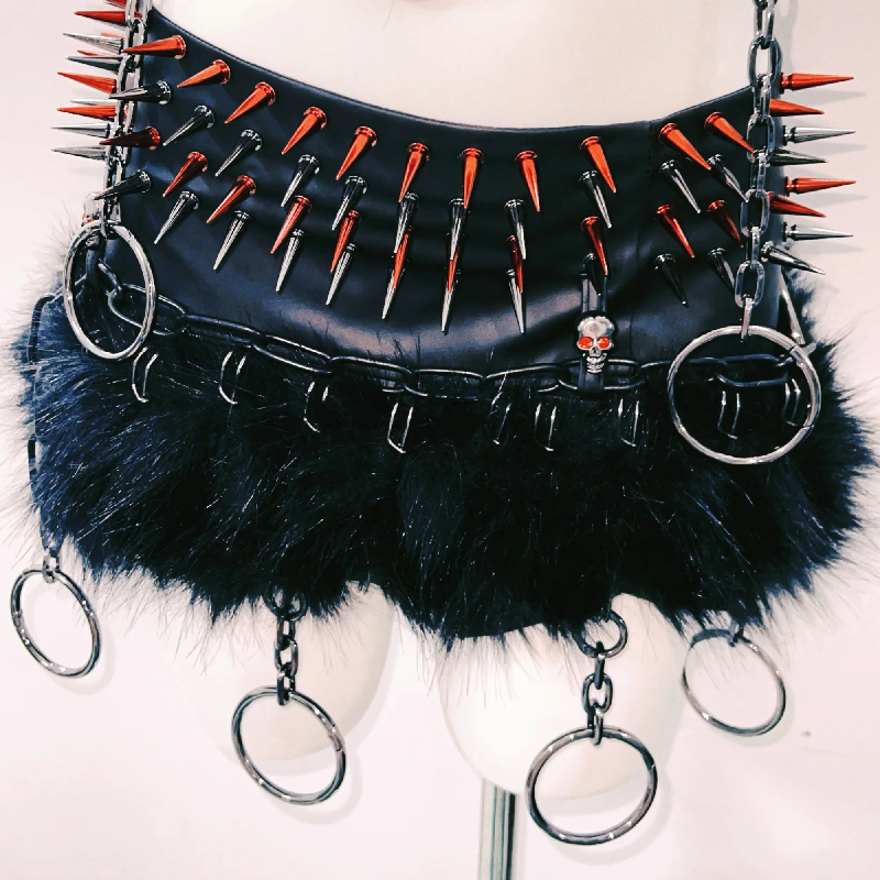 Unleash Your Inner Rebel: Spiked Skull & Chain Harness Top - Gothic Rave Festival Bralette for Halloween