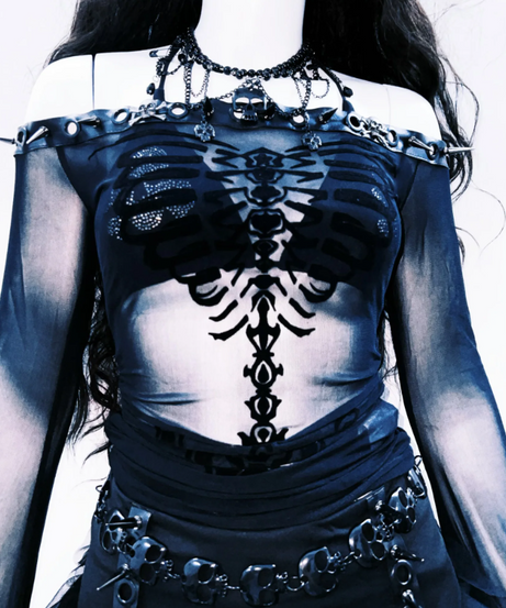 Gothic Skeleton Mesh Off-Shoulder Top | Halloween Party & Fall Edgy Fashion