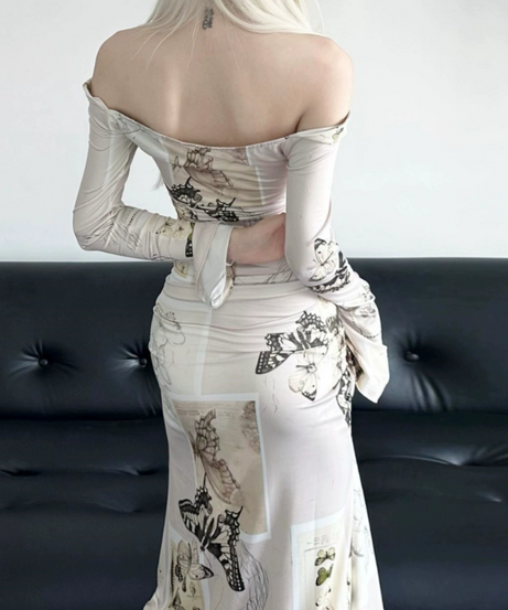 Whimsical Wanderer Off-Shoulder Maxi Dress: Vintage Butterfly Print & Ruched Fall Elegance