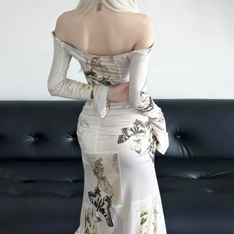 Whimsical Wanderer Off-Shoulder Maxi Dress: Vintage Butterfly Print & Ruched Fall Elegance