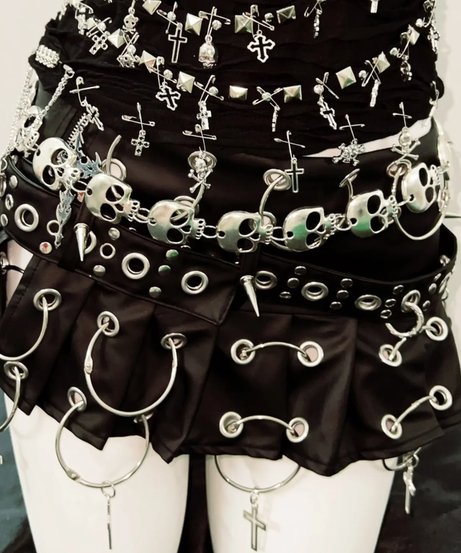 Rebel Spirit: Gothic Grunge Skull & Cross Chain Mini Dress - Halloween & Fall Festival Clubwear