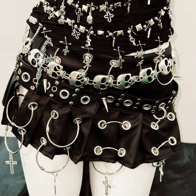 Rebel Spirit: Gothic Grunge Skull & Cross Chain Mini Dress - Halloween & Fall Festival Clubwear