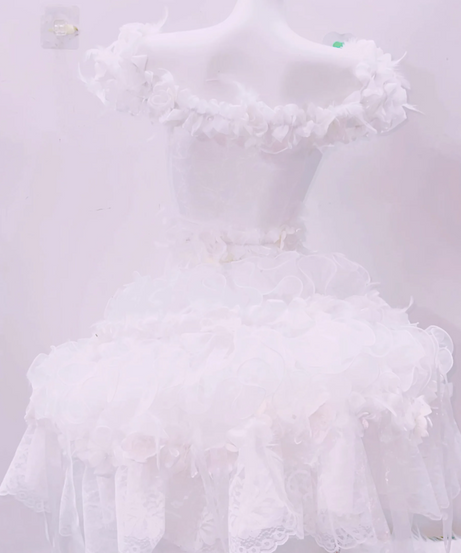 Whimsical Ruffle Flower Applique High-Low Mini Set - Ethereal White for Halloween, Bridal & Holiday Celebrations