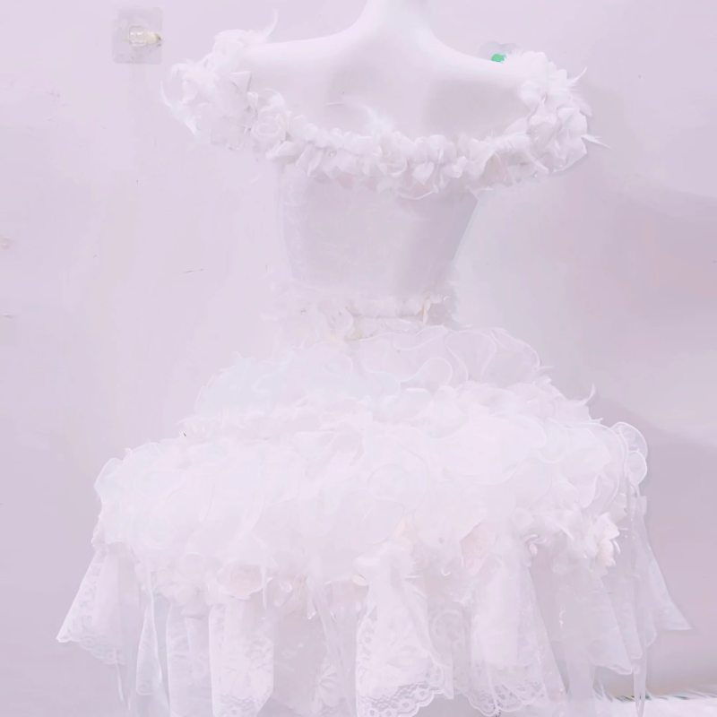 Whimsical Ruffle Flower Applique High-Low Mini Set - Ethereal White for Halloween, Bridal & Holiday Celebrations