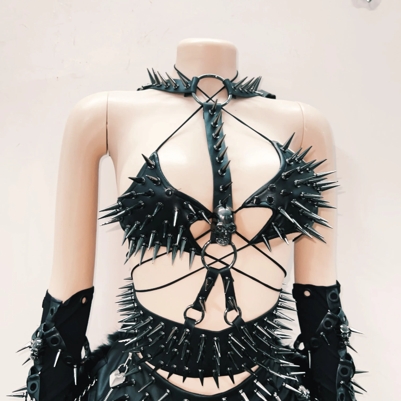 Unleash Your Power: Spiked Gothic Harness & Skirt Ensemble - Ultimate Halloween & Festival Outfit for Women