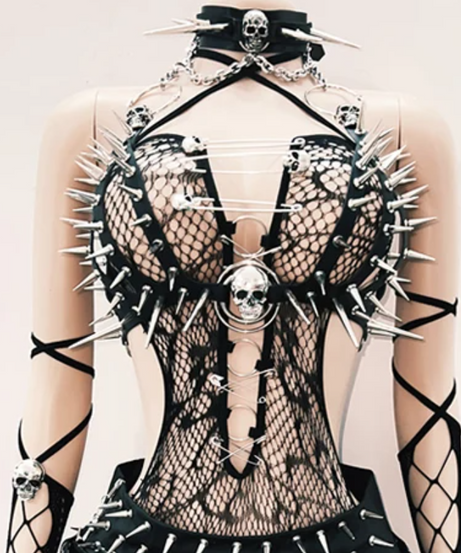 Rebel Edge Spiked Skull Fishnet Halter Top | Ultimate Halloween, Rave & Festival Clubwear