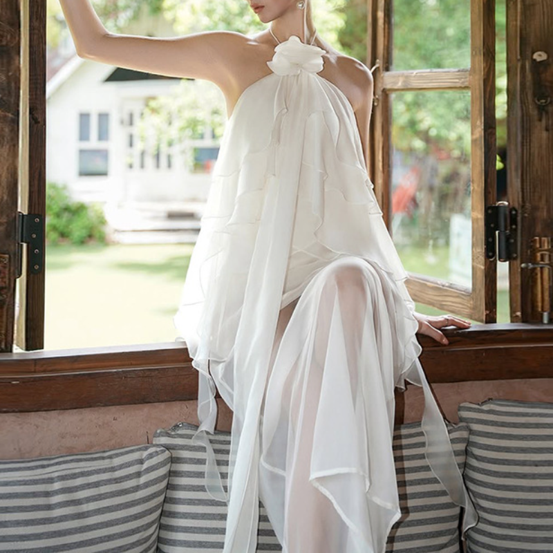 Dreamy White Ruffle Halter Maxi Dress | Ethereal Floral Appliqué for Resort & Spring/Summer Escapes
