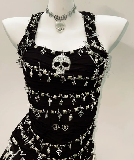 Rebel Spirit: Gothic Grunge Skull & Cross Chain Mini Dress - Halloween & Fall Festival Clubwear