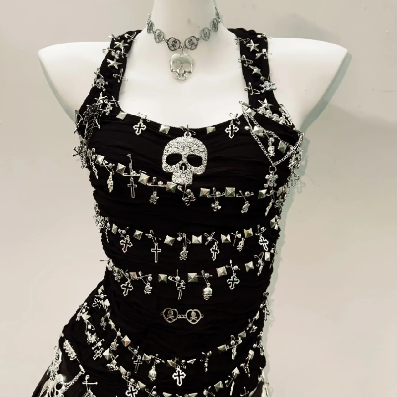Rebel Spirit: Gothic Grunge Skull & Cross Chain Mini Dress - Halloween & Fall Festival Clubwear