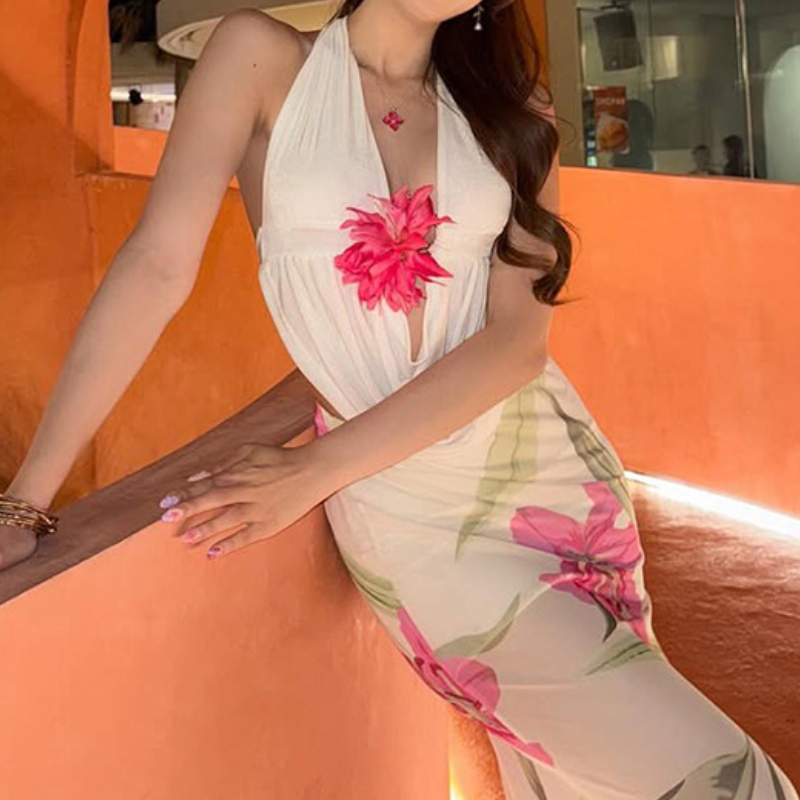 Vacation Vibe Halter Top: Draped V-Neck with 3D Floral Appliqué - Your Chic Winter Getaway Essential