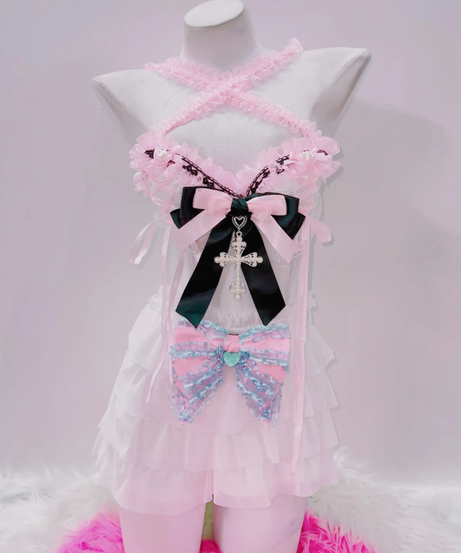 Enchanting Pastel Goth Coquette Ruffle Top with Cross & Bow Accents | Spooky Sweet Fall Fashion