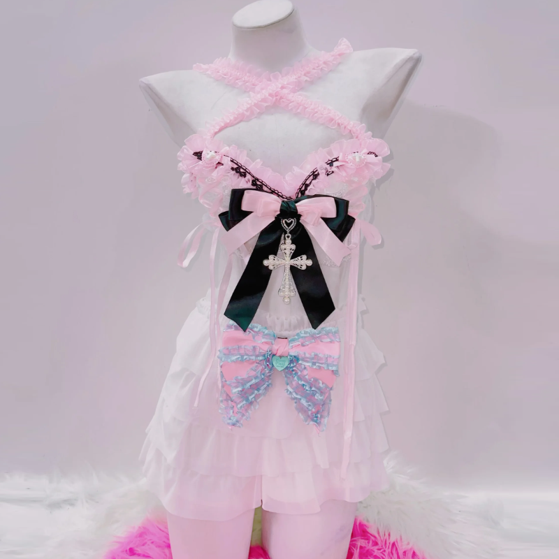 Enchanting Pastel Goth Coquette Ruffle Top with Cross & Bow Accents | Spooky Sweet Fall Fashion