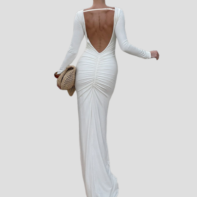 Sophisticated Black Ruched Long Sleeve Maxi Dress - Your Go-To for Holiday & Winter Evenings