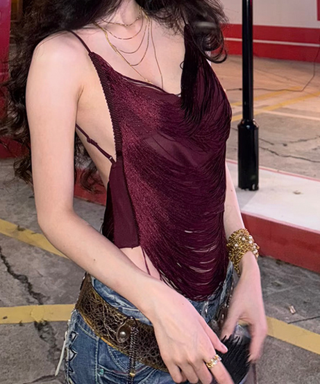 Sway Into Fall: Glamorous Wine Red Fringe Backless Cami Top | Holiday Party & Date Night Essential