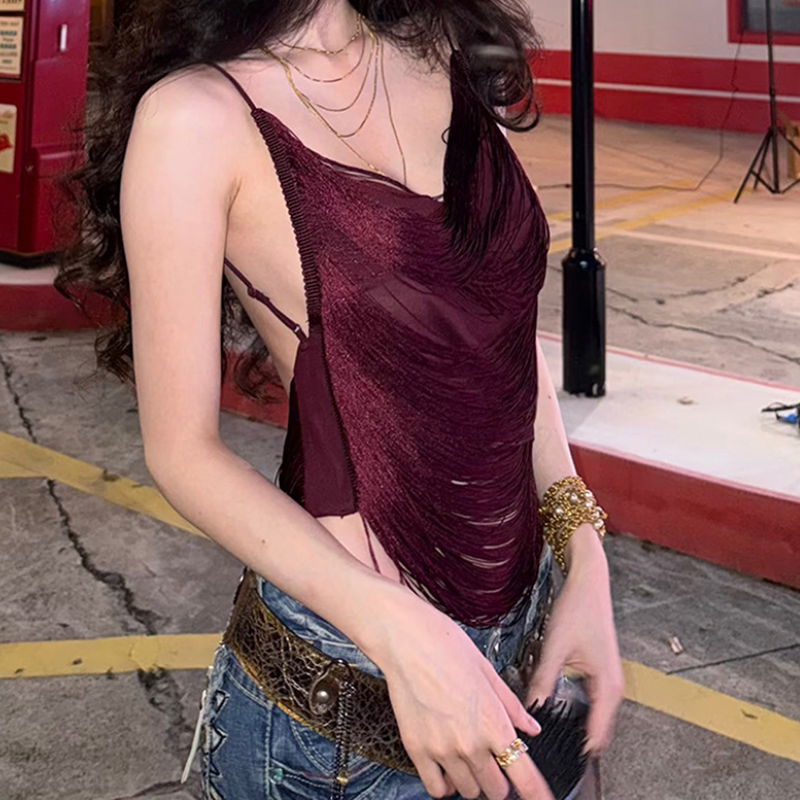 Sway Into Fall: Glamorous Wine Red Fringe Backless Cami Top | Holiday Party & Date Night Essential