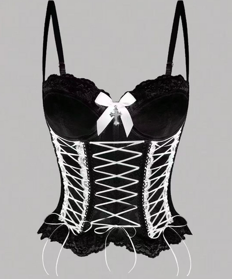 Gothic Romance Black Lace Corset Top with Pink Ribbon & Cross Charm - Halloween & Party Ready!