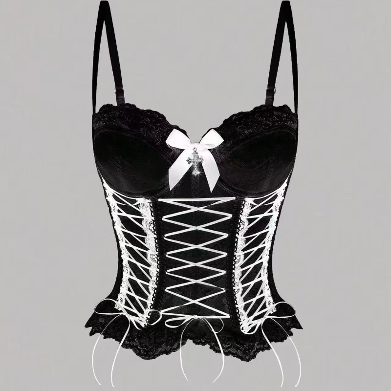 Gothic Romance Black Lace Corset Top with Pink Ribbon & Cross Charm - Halloween & Party Ready!