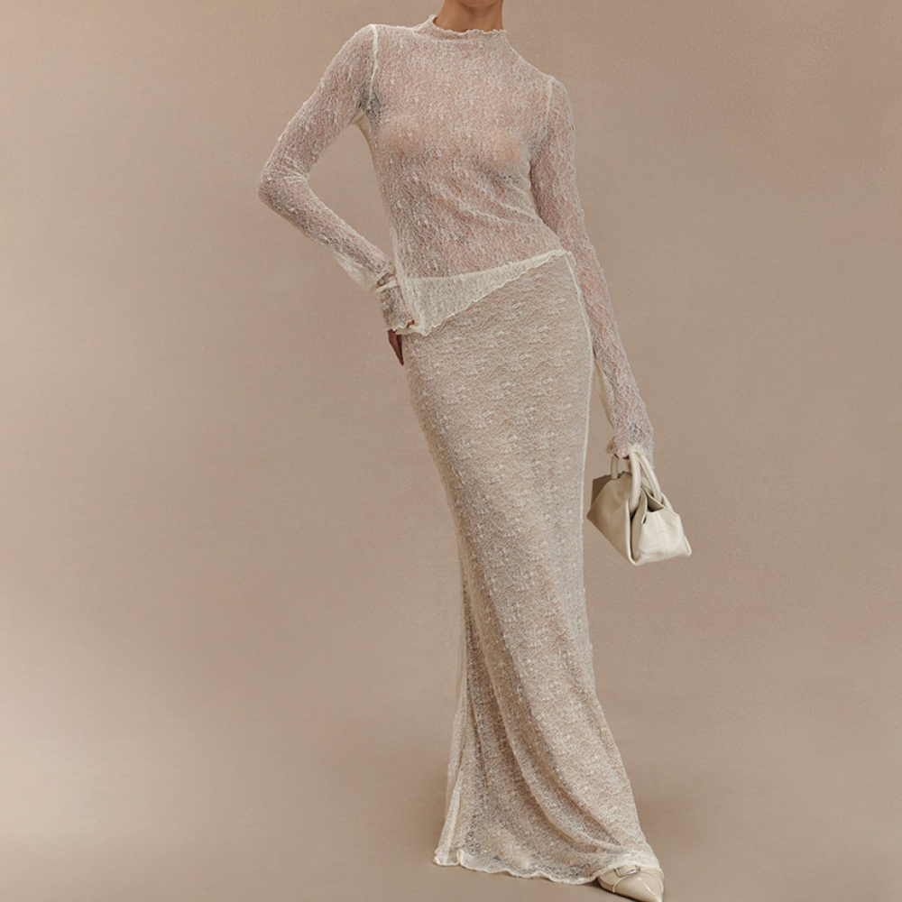 Siren Chic: Fall Rust Sheer Lace Maxi Skirt Set - Long Sleeve Bodycon Co-ord for Holiday Parties