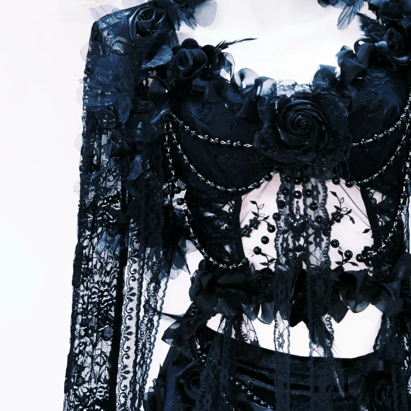 Enchanting Midnight Lace Maxi Gown: Gothic Floral & Chain Detail for Fall & Halloween