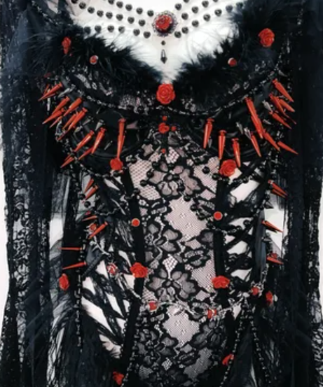 Gothic Vamp Siren Spiked Lace Bodysuit & Dramatic Sleeves - Halloween & Beyond