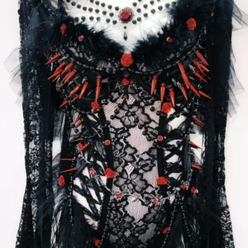 Gothic Vamp Siren Spiked Lace Bodysuit & Dramatic Sleeves - Halloween & Beyond