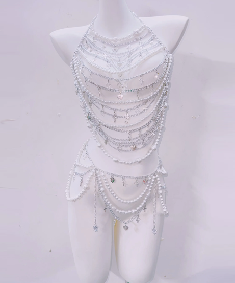 Glam Goddess Pearl & Silver Body Chain Harness - Dazzle for Halloween, Festivals & NYE!