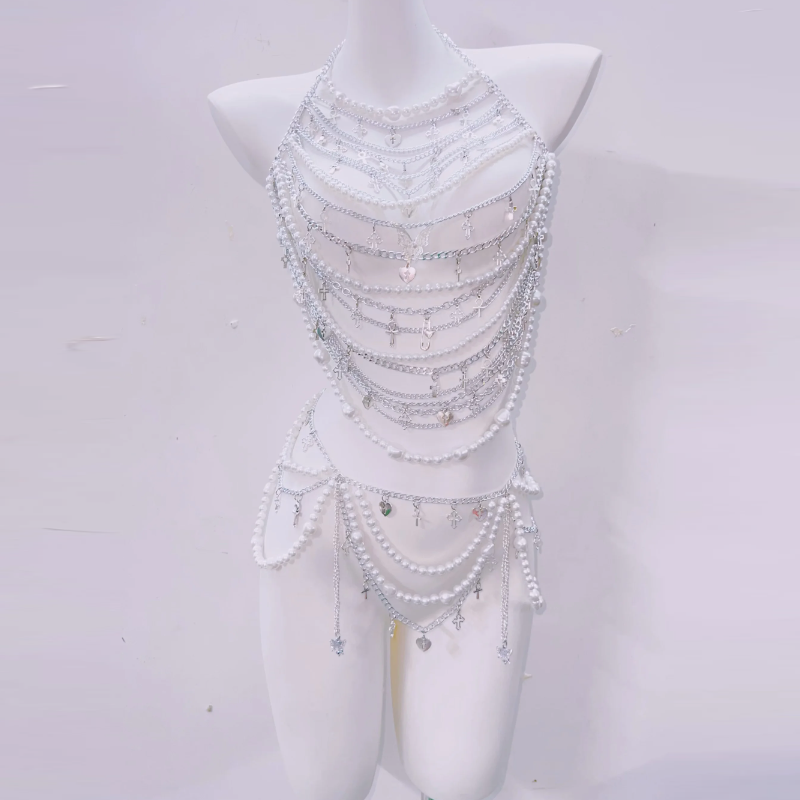 Glam Goddess Pearl & Silver Body Chain Harness - Dazzle for Halloween, Festivals & NYE!