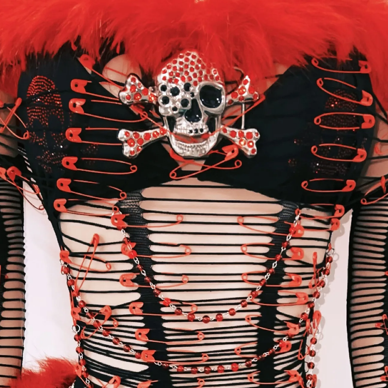 Ignite the Night: Red & Black Skull Faux Fur Cut-Out Mini Dress - Ultimate Halloween & Rave Statement