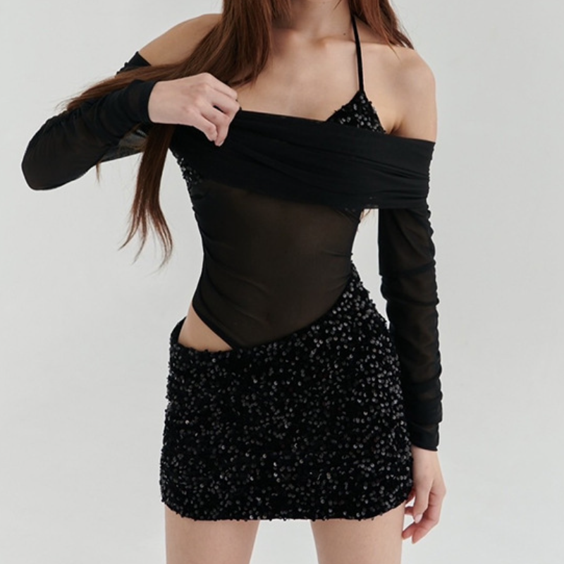 Slay the Night: Sparkle & Sheer Off-Shoulder Sequin Mini Dress - Your Fall & Holiday Party Statement